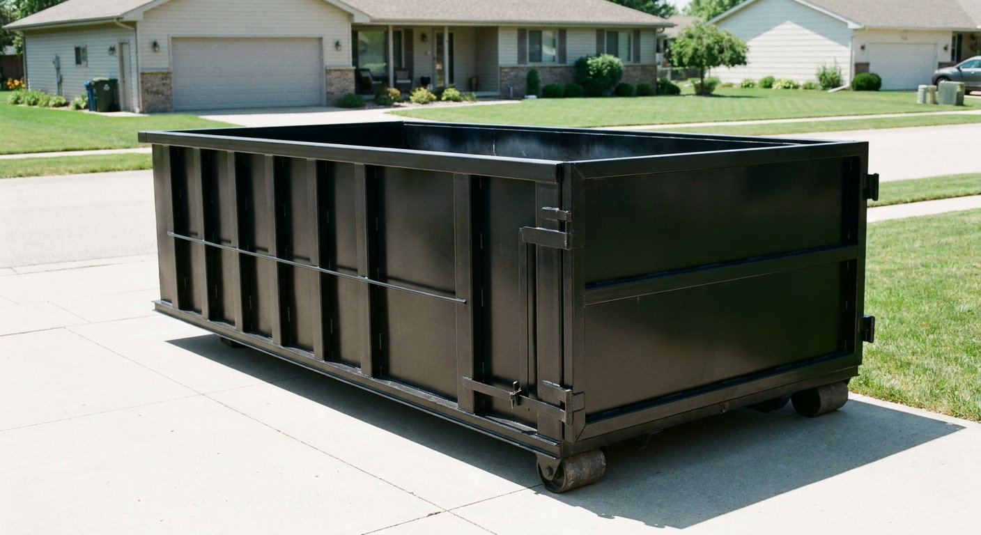 Matte-black 10-yard roll-off dumpster on a residential concrete driveway in Livonia, uniformly painted matte black across every panel and rail, ribbed steel sidewalls and rear swing door visible, mid-day daylight.