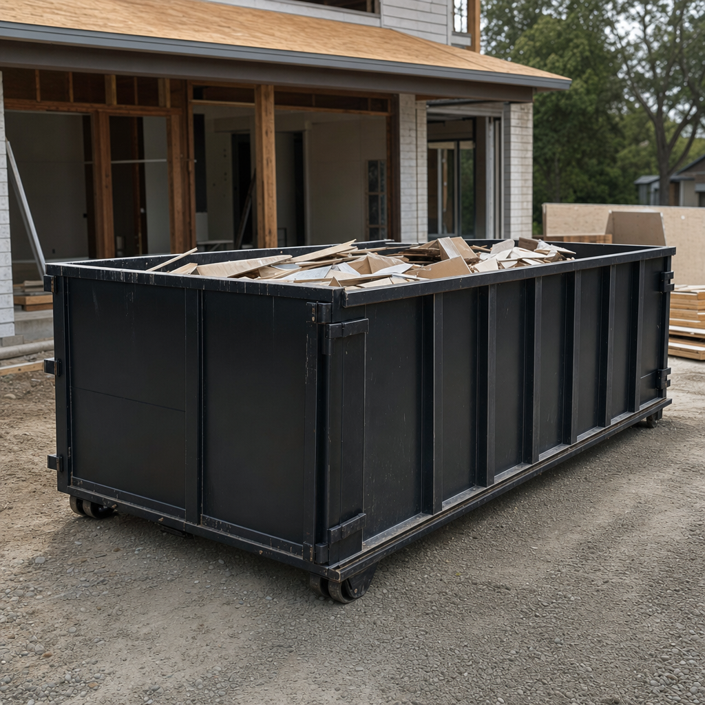 Large matte-black 30-yard construction roll-off dumpster at an active Livonia jobsite, steel-gray top rails and bottom rollers visible, loaded with construction debris.