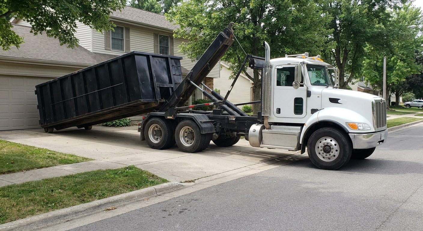 White-cab hooklift roll-off truck actively lowering a matte-black dumpster onto a Livonia residential concrete driveway, the dumpster's rear wheels touching the driveway as the hoist arm tilts the bed forward, mid-morning daylight.