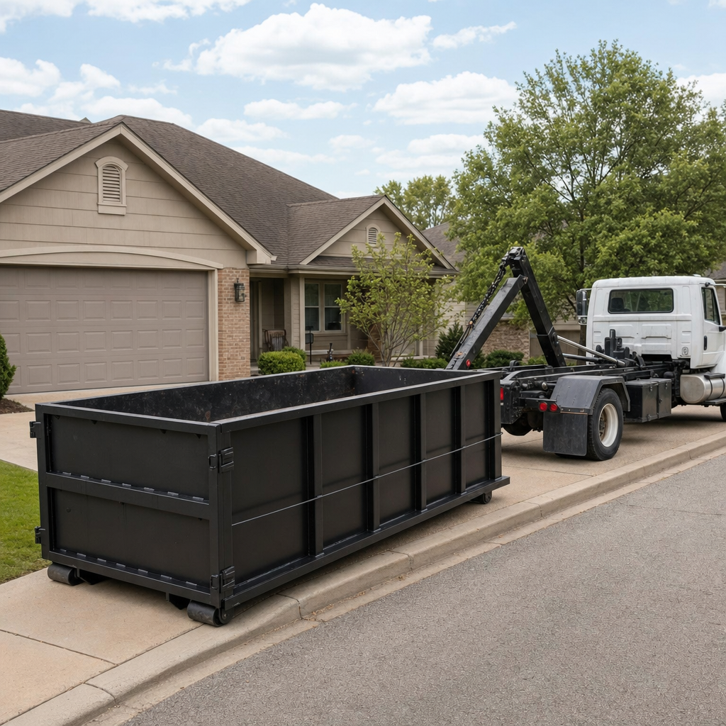 Wide documentary shot of a matte-black roll-off dumpster on a Livonia residential driveway in the foreground and a contractor jobsite container in the soft-focus background, bright daylight, calm and orderly composition.